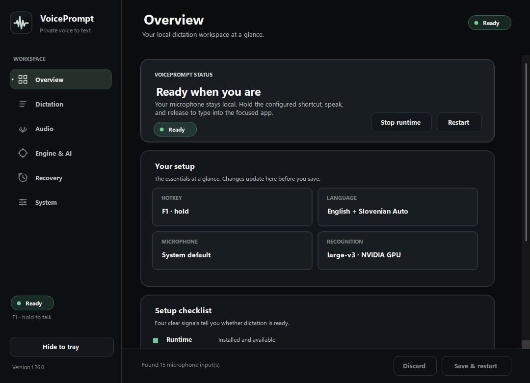 VoicePrompt Overview showing runtime status, hotkey, language, microphone, and recognition setup